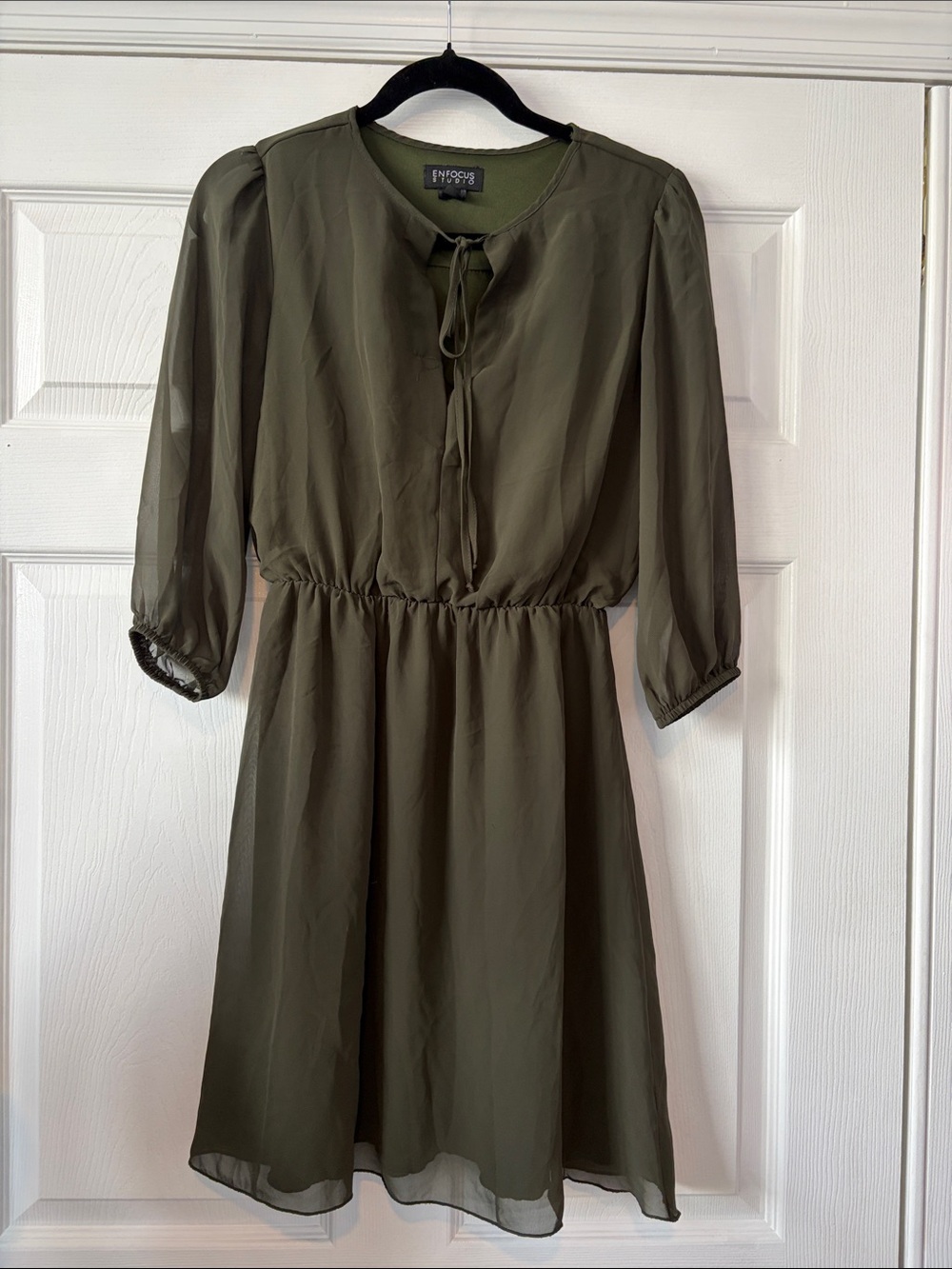 Enfocus Studio Olive Tie-Front Sheer Long Sleeve Dress size 6